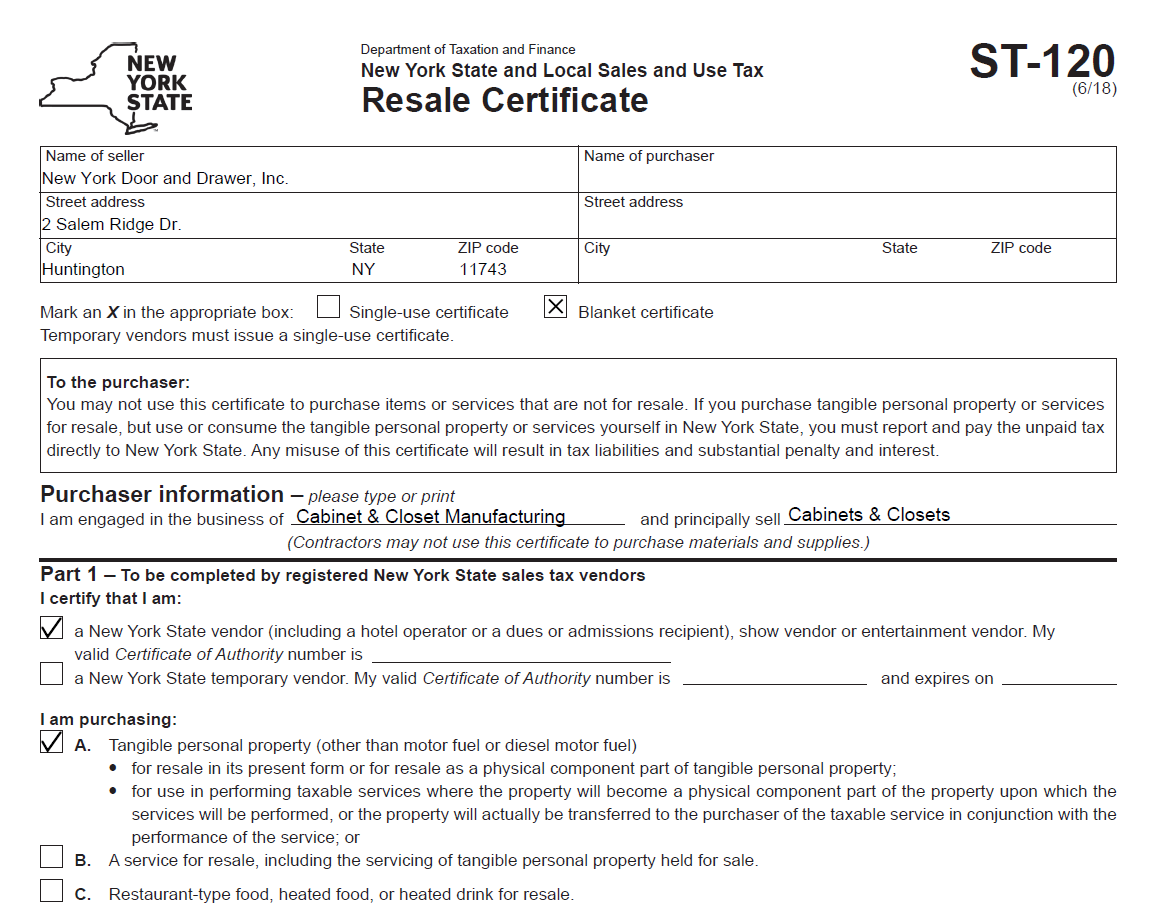 Sales Tax Resale Certificate - NY - New York Door & Drawer